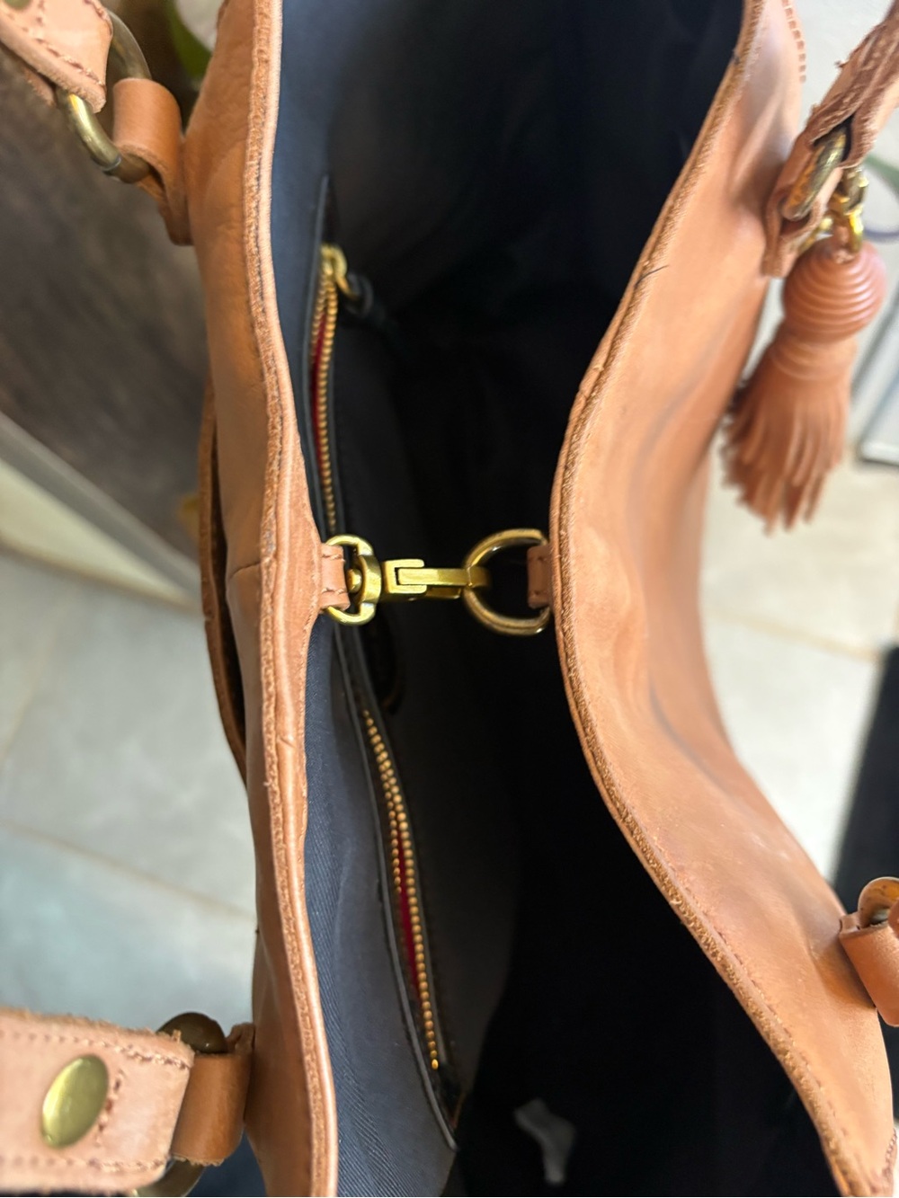 The Sak Sienna Leather Tote Handbag with Tassel Accent Tan Cognac - Picture 6 of 10